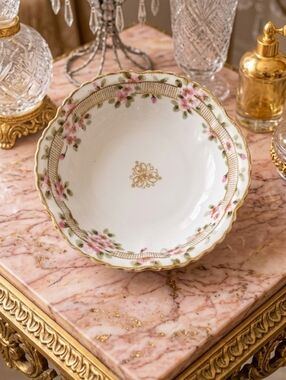 Antique Hand Painted NIPPON Cherry Blossom Gold Moriage Scalloped Serving Bowl
